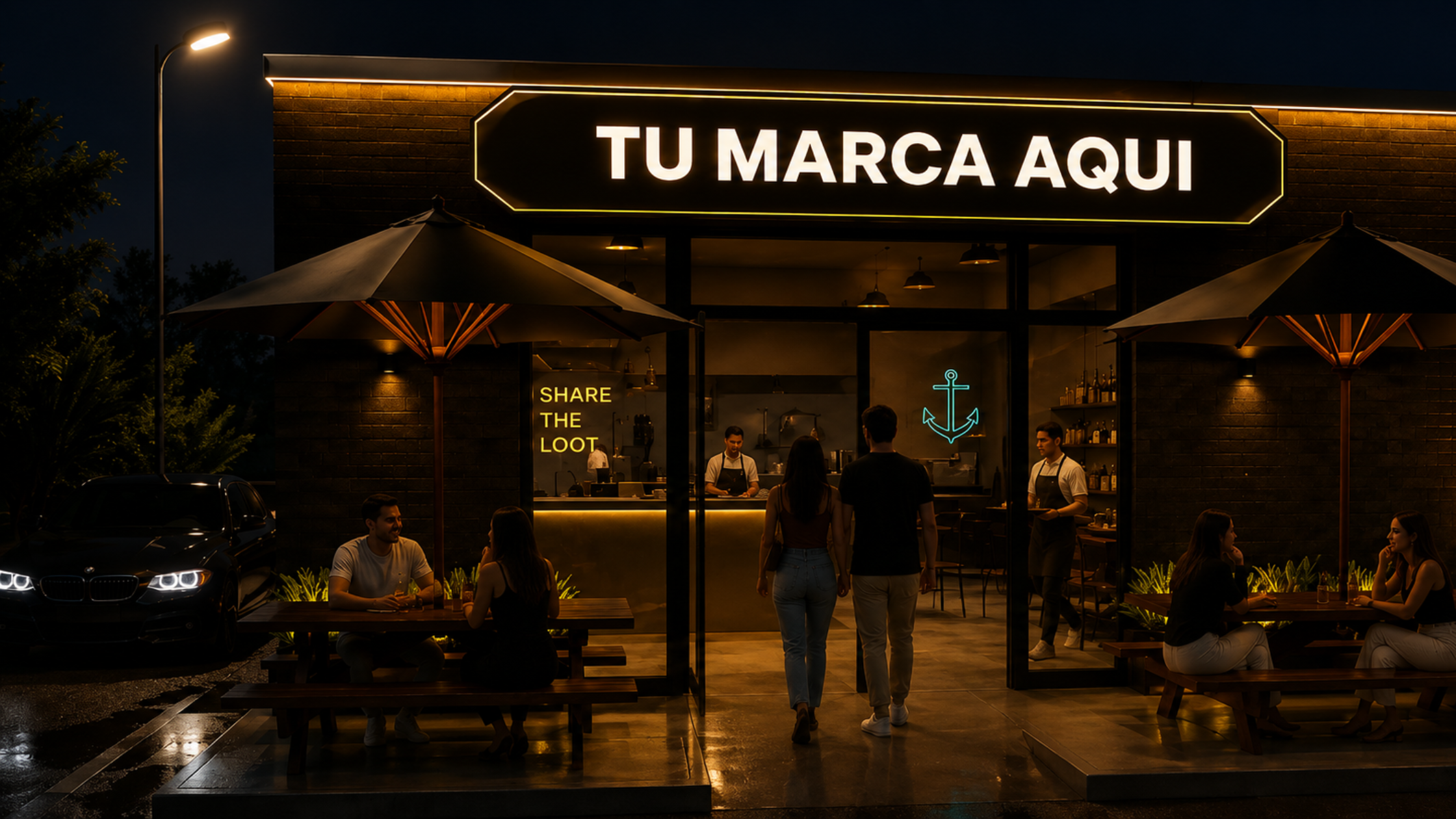 Fachada restaurante iluminado render